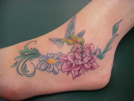 Flower and Hummingbird Tattoos Design on Foot