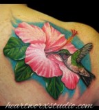 Colorful Hummingbird and Flower Tattoo Design on Shoulder