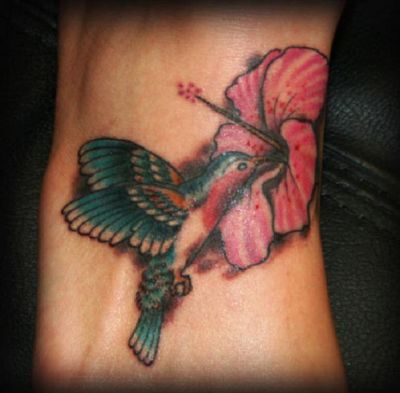 Hummingbird And Hibiscus Flower Tattoo Design On Foot