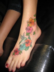 Hummingbird Flower Foot Tattoo Design for Women