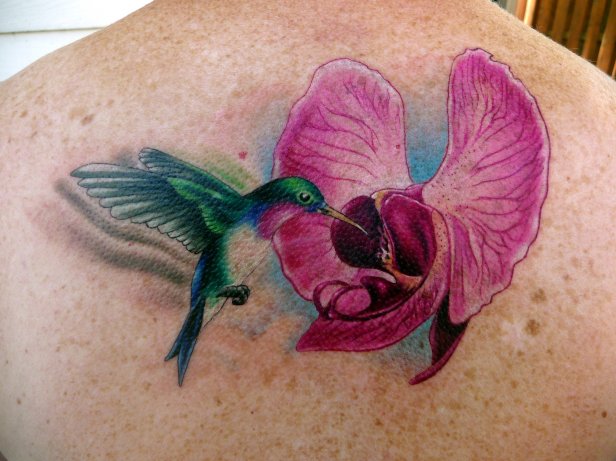 Green Hummingbird  With Pink Flower Tattoos