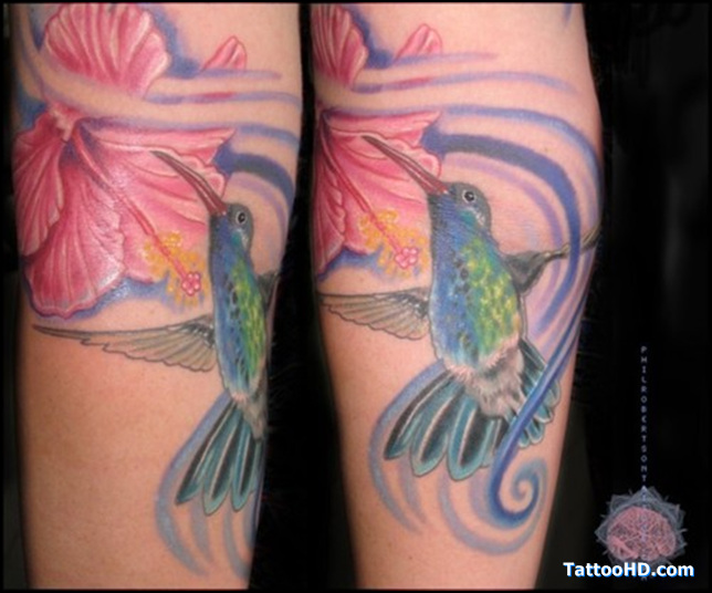 Flying Green Hummingbird Tattoo Design on Legs