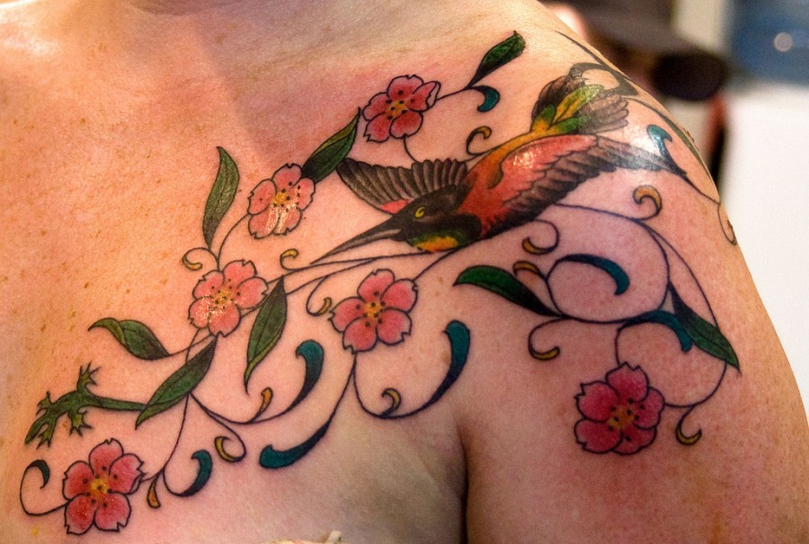 Hummingbird and Flowers Tattoo Fantastic Design