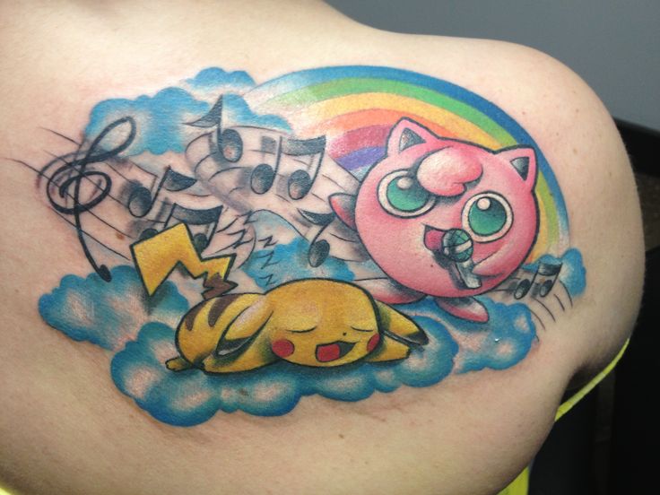 jigglypuff singing with Pikachu Pokemon tattoo