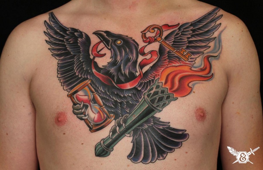 Wonderful Crow with Gold Key Tattoos for Men