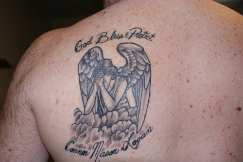 Guardian Angel with Kids Name Tattoo Design