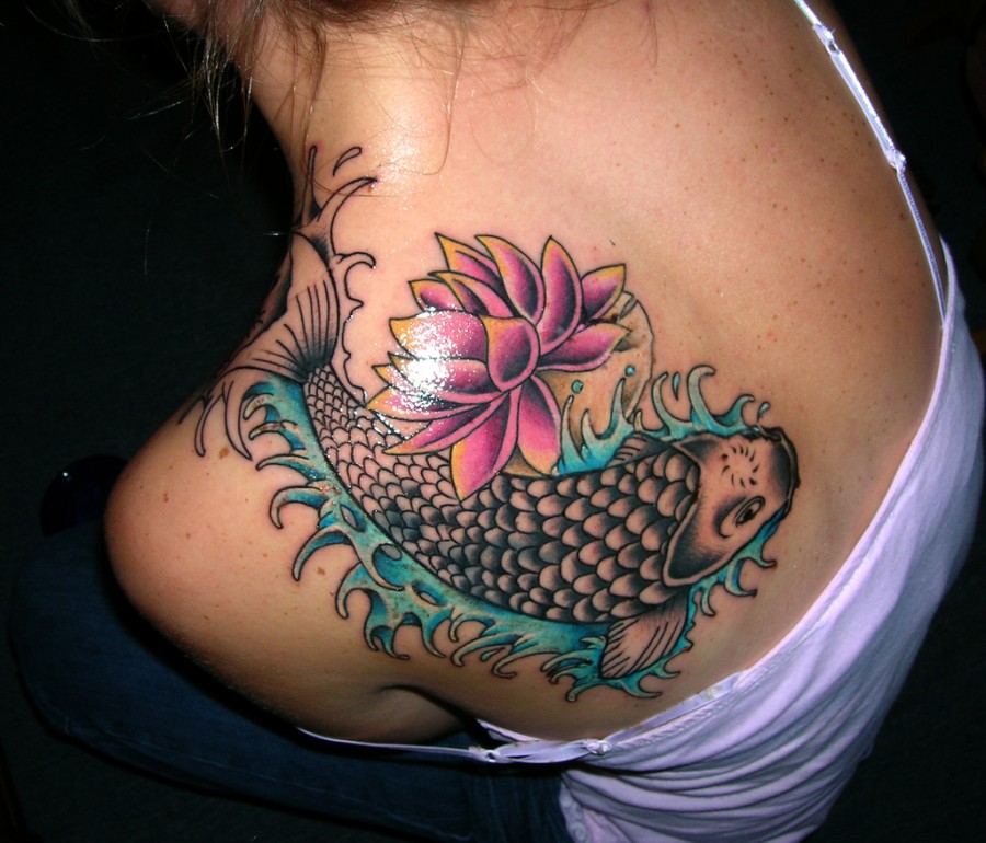 Feminine Koi Fish Tattoo Design on Back Shoulder for Girl