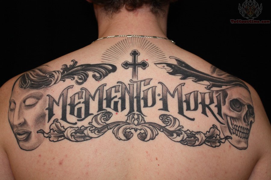 Skull Cross Upper Back Lettering Tattoo