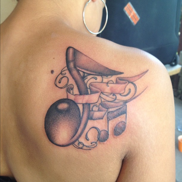 Colorful Clef Music Tattoo on Half Back Shoulder