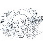 Cool Ribbon-wrapped and Stabbed Skull with Flowers Tattoo Design Sketch