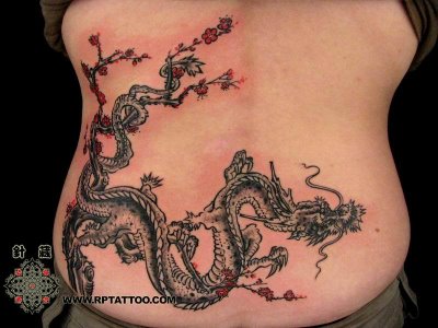 Beautiful Japanese Dragon on Sakura Tree Tattoo Design