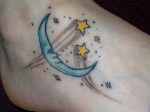 Sweet Moon and Star Foot Tattoos For Girls