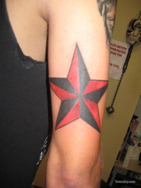 Red Nautical Star Tattoo Design on Arm for Men