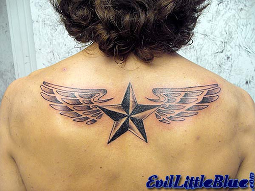 Winged Nautical Star Back Tattoo Design