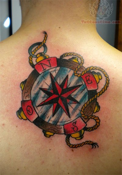 Nautical Star Compass Tattoo On Back Body For Men