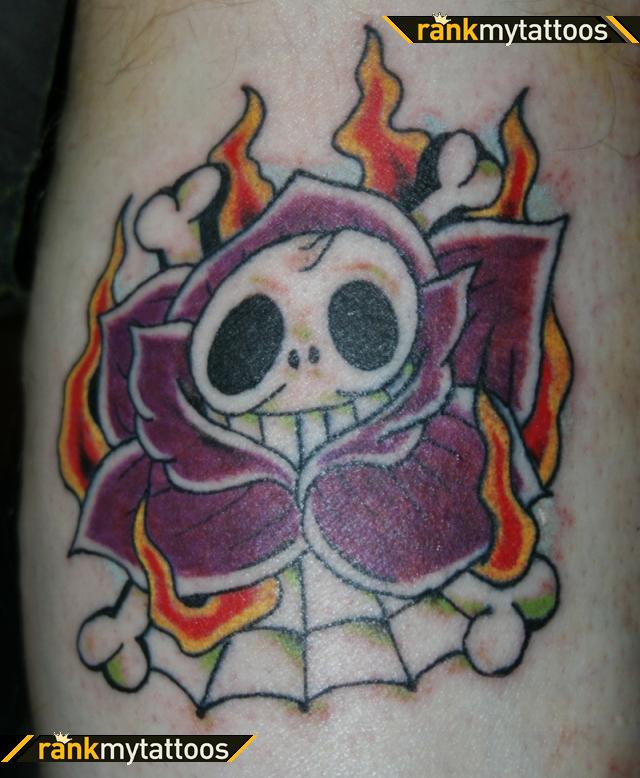 Red Flower With Old School Skull Tattoo