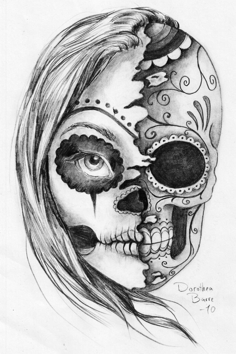 The Sugar “Two Face” Skull Tattoo Sketch Design by Dorothea Barre