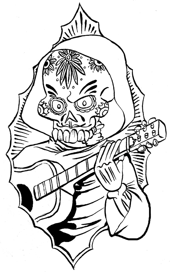 Old School Music Skull Tattoo Sketch Design