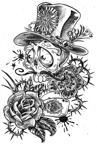 Skull, Flower and Aces Tattoo Sketch Design