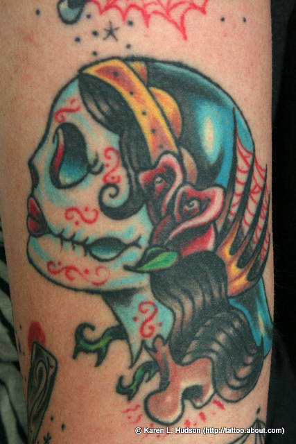 Old School Style Vintage Female Sugar Skull Tattoo Design