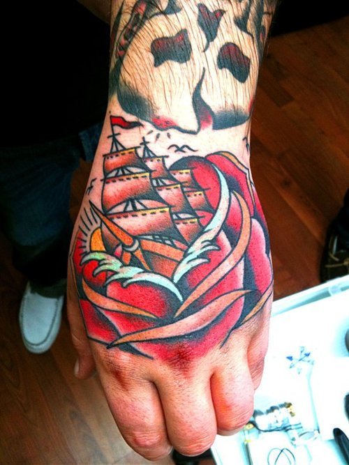 Flower Ship and Old School Skull Tattoo on Hand