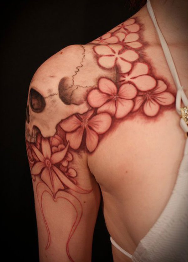 Beautiful & Sensational Girl Shoulder Tattoos of Flowers and Skull Tattoo Design