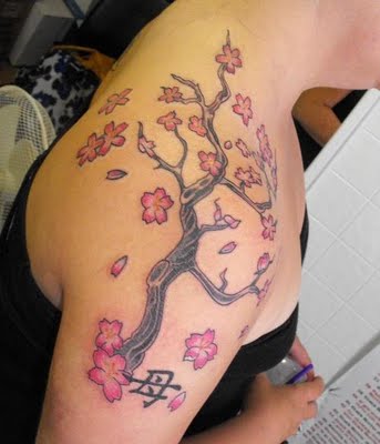 Beautiful Sakura Trees and Leaves Shoulder Tattoos Designs for Women