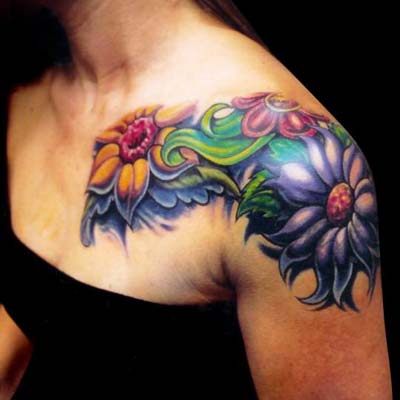 Amazing Colorful Flower Shoulder / Sleeve Tattoo Designs for Women