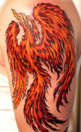 Red Blazing Phoenix Back Tattoo