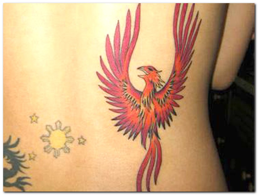 Red Yellow Phoenix Back Tattoo