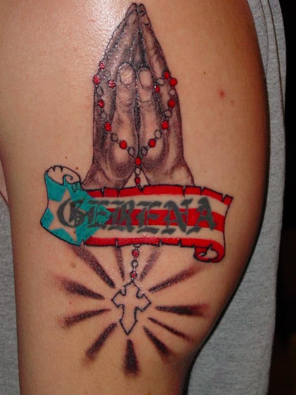 Praying Hands Rosary Puerto Rican Flag Banner Tattoo on Progress