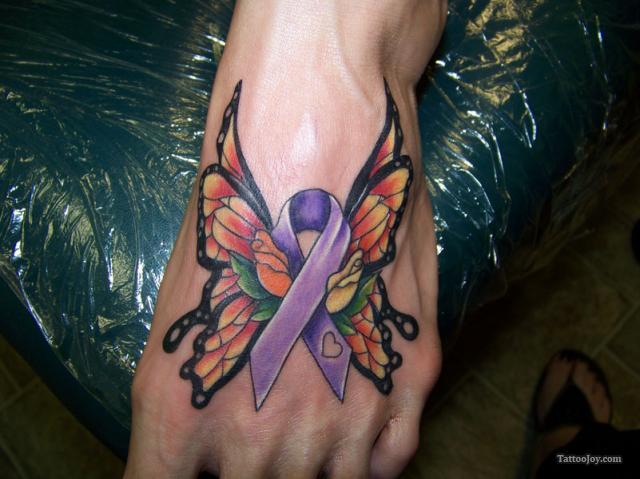 Cool Butterfly Ribbon Foot Tattoo Design