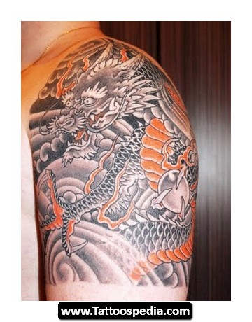 Black Orange Dragon Quarter Sleeve Tattoo