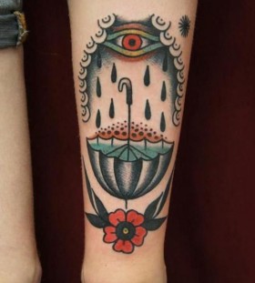 rain umbrella and eye traditional tattoo