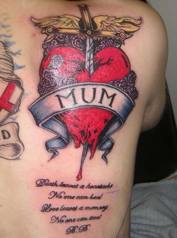 Amazing Design Heart and Angel Sword Rip Tattoos For Mum