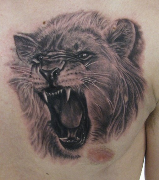 Roaring Lion Chest Tattoo By Steve Wimmer