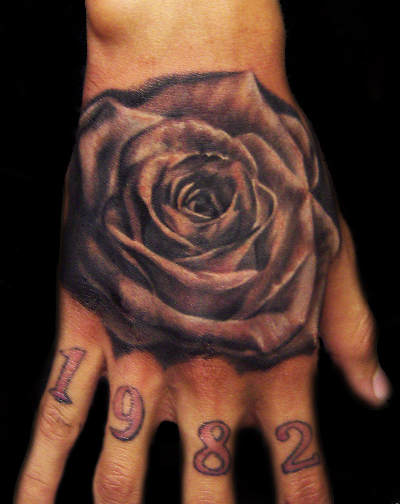 Bold Black Rose Flower Hand-Tattoos Design for Men