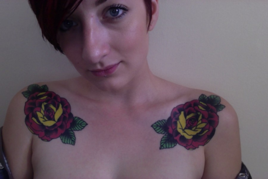 Beautiful Twin Red-Rose Flowers Shoulder Tattoo Design for Girls