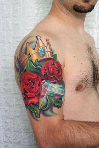 Crowned Roses and Diamond Half-Sleeve Tattoo Design for Men