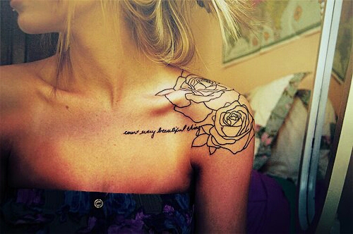 Gorgeous Rose Flowers and Quote Lettering Shoulder-Tattoo Design for Women