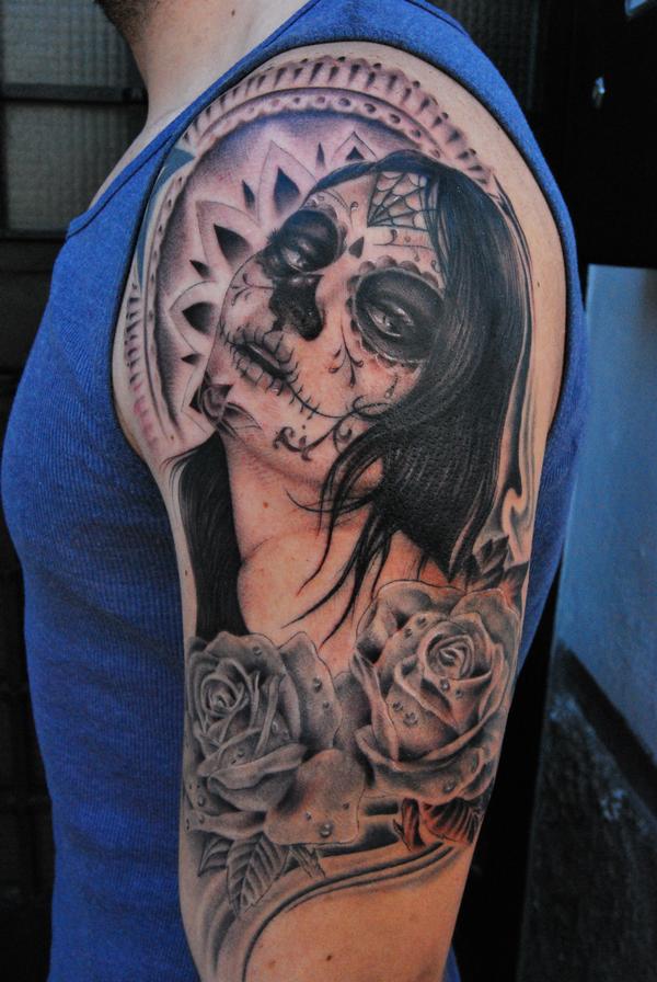 Santa Muerte Exotic Half Sleeve Tattoo