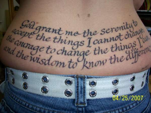 Lower Back Tattoo Ideas – Serenity Tattoo – Religious Tattoo Design