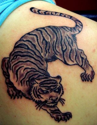 Black Tiger Tattoos On Right Shoulder Blade