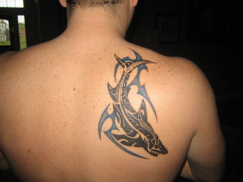 Shark and Tribal Tattoo Design on Shoulder