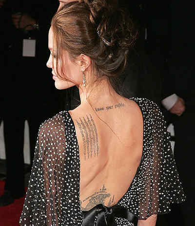 Angelina Jolie’s Lower-neck and Shoulder Blade Tattoo Designs – Celebrity Tattoos