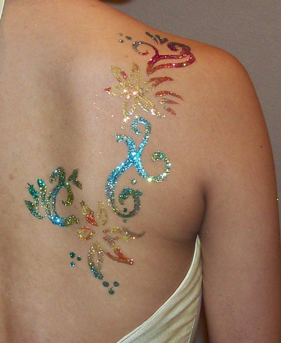 Colorful and Glittery Shoulder Blade Tribal Tattoos for Women