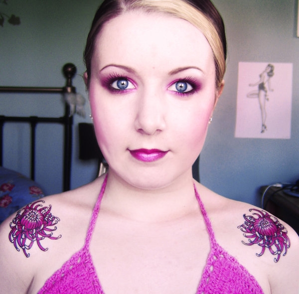 Beautiful Purple Flower Shoulder Tattoos For Women