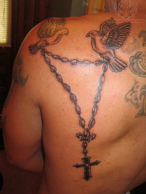 Birds And Rosary Tattoo On Back Shoulder