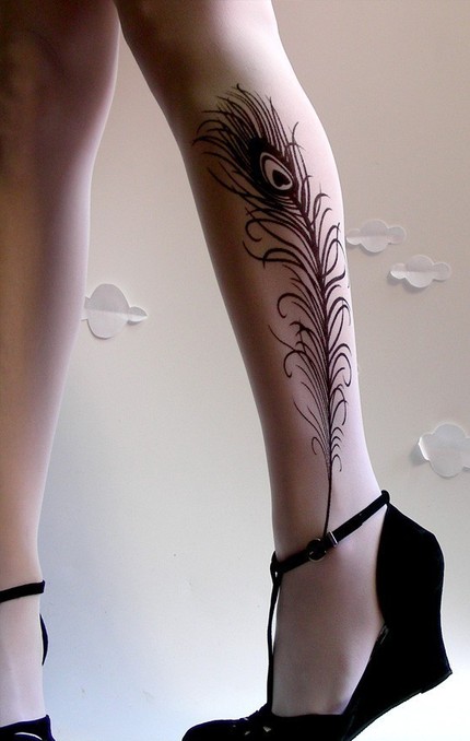 Sexy Leg With Feather Peacock Tattoo
