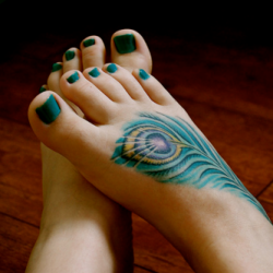 Sexy Foot With Green Feather Peacock Tattoo